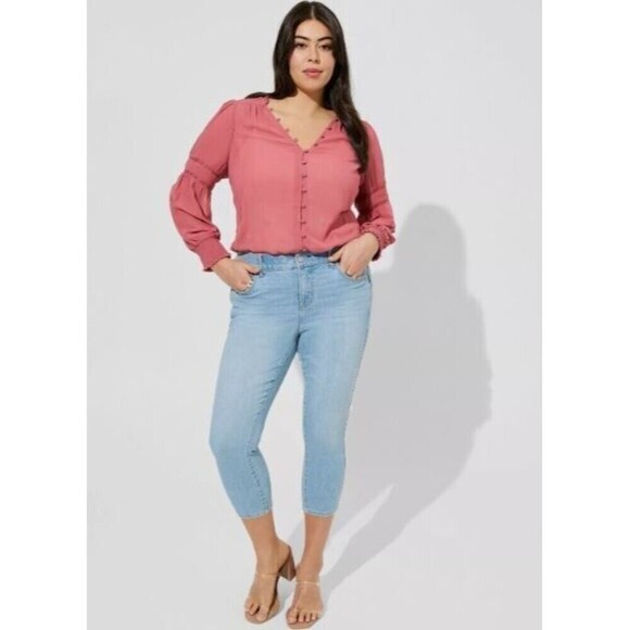 Torrid Georgette Mauve Button Front Smocked Collar Long Sleeve Blouse Size 5 (28 - Picture 1 of 13